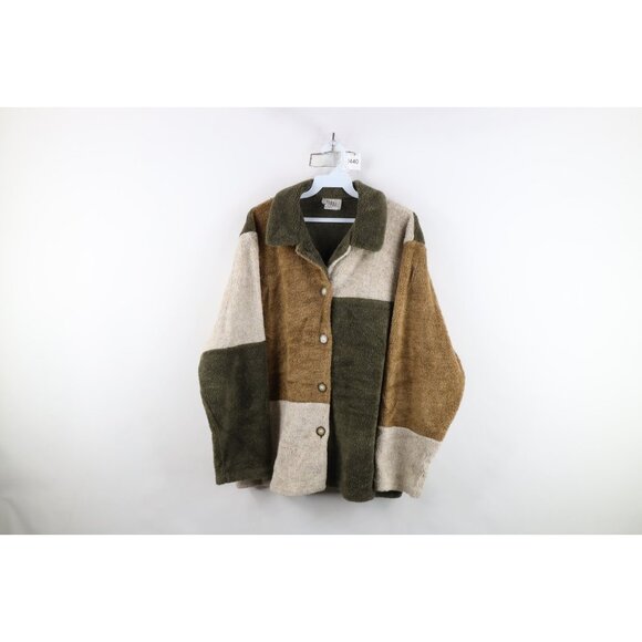 Vintage Jackets & Blazers - Vintage 90s Streetwear Womens XL Color Block Deep Pile Fleece Sweater Jacket